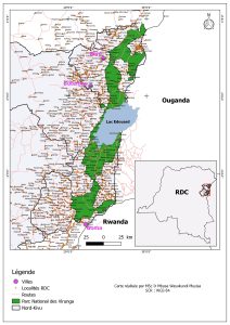 Villages, cités et villes dans et autour du PN Virunga.) 